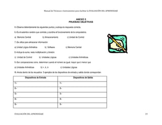 Manual de Técnicas e Instrumentos para facilitar la EVALUACIÓN DEL APRENDIZAJE
ANEXO 5
PRUEBAS OBJETIVAS
II.-Observa detenidamente los siguientes puntos y subraya la respuesta correcta.
6.-Es el autentico cerebro que controla y coordina el funcionamiento de la computadora.
a) Memoria Central b) Almacenamiento c) Unidad de Control
7.-Se utiliza para almacenar información:
a) Unidad Lógica Aritmética b) Software c) Memoria Central
8.-Incluye la suma, resta multiplicación y división:
c) Unidad de Control b) Unidades Lógicas c) Unidades Aritméticas
9.-Son comparaciones como, determinar cuando el número es igual, mayor que ó menor que:
a) Unidades Aritméticas b) =, ≤, ≥ c) Unidades Lógicas
III.-Anota dentro de los recuadros 5 ejemplos de los dispositivos de entrada y salida donde correspondan.
Dispositivos de Entrada Dispositivos de Salida
1.- 1.-
2.- 2.-
3.- 3.-
4.- 4.-
5.- 5.-
EVALUACIÓN DEL APRENDIZAJE 19
 