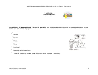 Manual de Técnicas e Instrumentos para facilitar la EVALUACIÓN DEL APRENDIZAJE
ANEXO 32
EXPOSICIÓN ORAL
Las cualidades de la expresiónoral y formas de expresión, esta unidad será evaluada tomando en cuenta los siguientes puntos,
mismos que se indican en el programa.

Dicción



Volumen



Fluidez



Ritmo



Emotividad



Material de apoyo (Power Point)



Trabajo de investigación (portada, índice, introducción, cuerpo, conclusión y bibliografía)

EVALUACIÓN DEL APRENDIZAJE 59
 