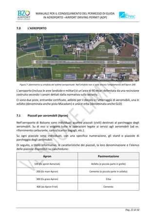 MANUALE PER IL CONSEGUIMENTO DEL PERMESSO DI GUIDA
IN AEROPORTO –AIRPORT DRIVING PERMIT (ADP)
Pag. 21 di 54
L’AEROPORTO
Figura 7: planimetria su ortofoto del sedime aeroportuale. Nell’ortofoto non si vede ancora l’ampliamento dell’Apron 200.
L’aeroporto (incluso le aree landside e militari) è un’area di 90 ettari delimitata da una recinzione
costruita secondo i canoni dettati dalla normativa sulla security.
Ci sono due piste, entrambe certificate, adibite per il decollo e l’atterraggio di aeromobili, una in
asfalto (denominata anche pista Macadam) e una in erba (denominata anche GLD)
7.1 Piazzali per aeromobili (Apron)
Nell’aeroporto di Bolzano sono individuati quattro piazzali (civili) destinati al parcheggio degli
aeromobili. Su di essi si volgono tutte le operazioni legate ai servizi agli aeromobili (ad es.
rifornimento carburante, carico/scarico bagagli, etc.).
Su ogni piazzale sono individuati, con una specifica numerazione, gli stand o piazzole di
parcheggio degli aeromobili.
Di seguito, a titolo informativo, le caratteristiche dei piazzali, la loro denominazione e l’elenco
delle piazzole disponibili su ciascheduno:
Apron Pavimentazione
100 (Ex apron Aeroclub) Asfalto (e piccola parte in grelle)
200 (Ex main Apron) Cemento (e piccola parte in asfalto)
300 (Ex grass Apron) Erba
400 (ex Apron Friel) Cemento
 