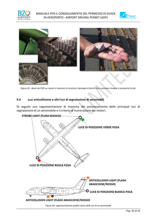 MANUALE PER IL CONSEGUIMENTO DEL PERMESSO DI GUIDA
IN AEROPORTO –AIRPORT DRIVING PERMIT (ADP)
Pag. 45 di 54
Figura 43: danni da FOD sui motori a reazione (a sinistra) e tipologie di detriti che si possono trovare in aeroporto (a dx).
9.4 Luci anticollisione e altri luci di segnalazione di aeromobili
Di seguito una rappresentazione di massima del posizionamento delle principali luci di
segnalazione di un aeromobile e il criterio di numerazione dei motori.
Figura 44: rappresentazione grafica tipica delle luci di un aeromobile
 