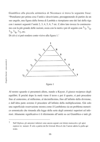Giamblico alla piccola aritmetica di Nicomaco si trova la seguente frase:
                                  “Prendiamo per prima cosa l’unità e descriviamo, presupponendo di partire da un
                                  suo angolo, una figura dalla forma di Lambda e riempiamo uno dei lati della riga
                                  con i numeri seguenti l’unità 2, 3, 4, 5, 6, 7 etc. L’altro lato invece lo comincere-
                                  mo con la più grande delle razioni, ossia con la metà e poi di seguito con 1/3, 1/4,
                                  1/ , 1/ , 1/ , etc.
                                    5 6 7
                                  Di ciò ci si può rendere conto visivo alla figura 1.7
Progetto Esonet - www.esonet.it




                                                                              figura 1


                                  Al nostro sguardo si presenterà allora, stando a Kayser, il giuoco reciproco degli
                                  equilibri. E poiché dopo la metà viene il terzo e poi il quarto, si può procedere
                                  fino al centesimo, al millesimo, al decimillesimo, fino all’infinito della divisione,
                                  e dall’altra parte avremo il procedere all’infinito della moltiplicazione. Già solo
                                  una superficiale osservazione mostra come il Lambdoma sia un problema numeri-
                                  co armonicale che rimanda alla legge della serie degli armonici superiori ed infe-
                                  riori. Altamente significativo è il riferimento all’unità su cui Giamblico e tutti gli


                                  7   Nell’Orpheus gli armonici inferiori sono ancora segnati con lettere maiuscole e gli apici
                                      espressi in numeri. È solo a partire da Der hörende Mensch che l’autore adotta la grafia qui
                                      usata.

                                                                                 16
 