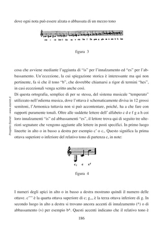 dove ogni nota può essere alzata o abbassata di un mezzo tono




                                                                          figura 3



                                  cosa che avviene mediante l’aggiunta di “is” per l’innalzamento ed “es” per l’ab-
                                  bassamento. Un’eccezione, la cui spiegazione storica è interessante ma qui non
                                  pertinente, fa sì che il tono “b”, che dovrebbe chiamarsi a rigor di termini “hes”,
                                  in casi eccezionali venga scritto anche così.
                                  Di questa ortografia, semplice di per se stessa, del sistema musicale “temperato”
Progetto Esonet - www.esonet.it




                                  utilizzato nell’odierna musica, dove l’ottava è schematicamente divisa in 12 grossi
                                  semitoni, l’Armonica tuttavia non si può accontentare, poiché‚ ha a che fare con
                                  rapporti puramente tonali. Oltre alle suddette lettere dell’ alfabeto c d e f g a h coi
                                  loro innalzamenti “is” ed abbassamenti “es”, il lettore trova qui di seguito tre ulte-
                                  riori segnature che vengono aggiunte alle lettere in posti specifici. In primo luogo
                                  lineette in alto o in basso a destra per esempio c’ o c,. Questo significa la prima
                                  ottava superiore o inferiore del relativo tono di partenza c, in note:




                                                                          figura 4



                                  I numeri degli apici in alto o in basso a destra mostrano quindi il numero delle
                                  ottave. c’’’’ è la quarta ottava superiore di c; g,,, è la terza ottava inferiore di g. In
                                  secondo luogo in alto a destra si trovano ancora accenti di innalzamento (^) o di
                                  abbassamento (v) per esempio b^. Questi accenti indicano che il relativo tono è

                                                                            186
 