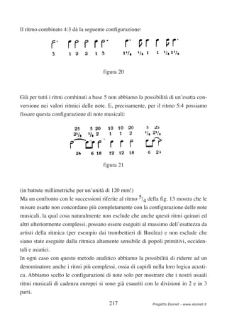 Il ritmo combinato 4:3 dà la seguente configurazione:




                                     figura 20



Già per tutti i ritmi combinati a base 5 non abbiamo la possibilità di un’esatta con-
versione nei valori ritmici delle note. E, precisamente, per il ritmo 5:4 possiamo
fissare questa configurazione di note musicali:




                                     figura 21



(in battute millimetriche per un’unità di 120 mm!)
Ma un confronto con le successioni riferite al ritmo 5/4 della fig. 13 mostra che le
misure esatte non concordano più completamente con la configurazione delle note
musicali, la qual cosa naturalmente non esclude che anche questi ritmi quinari ed
altri ulteriormente complessi, possano essere eseguiti al massimo dell’esattezza da
artisti della ritmica (per esempio dai trombettieri di Basilea) e non esclude che
siano state eseguite dalla ritmica altamente sensibile di popoli primitivi, occiden-
tali e asiatici.
In ogni caso con questo metodo analitico abbiamo la possibilità di ridurre ad un
denominatore anche i ritmi più complessi, ossia di capirli nella loro logica acusti-
ca. Abbiamo scelto le configurazioni di note solo per mostrare che i nostri usuali
ritmi musicali di cadenza europei si sono già esauriti con le divisioni in 2 e in 3
parti.

                                        217                 Progetto Esonet - www.esonet.it
 