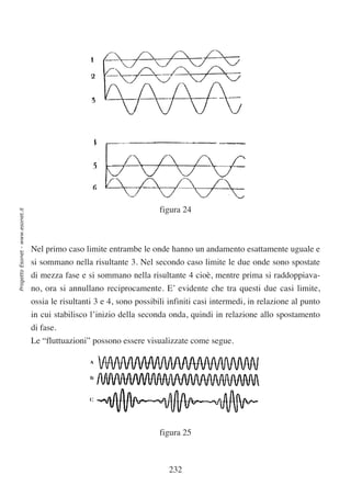 figura 24
Progetto Esonet - www.esonet.it




                                  Nel primo caso limite entrambe le onde hanno un andamento esattamente uguale e
                                  si sommano nella risultante 3. Nel secondo caso limite le due onde sono spostate
                                  di mezza fase e si sommano nella risultante 4 cioè, mentre prima si raddoppiava-
                                  no, ora si annullano reciprocamente. E’ evidente che tra questi due casi limite,
                                  ossia le risultanti 3 e 4, sono possibili infiniti casi intermedi, in relazione al punto
                                  in cui stabilisco l’inizio della seconda onda, quindi in relazione allo spostamento
                                  di fase.
                                  Le “fluttuazioni” possono essere visualizzate come segue.




                                                                         figura 25



                                                                            232
 