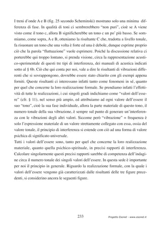 I treni d’onde A e B (fig. 25 secondo Scheminski) mostrano solo una minima dif-
ferenza di fase. In qualità di toni ci sembrerebbero “non puri”, cioè se A viene
visto come il tono c, allora B significherebbe un tono c un po’ più basso. Se som-
miamo, come sopra, A e B, otteniamo la risultante C che, tradotta a livello tonale,
fa risuonare un tono che una volta è forte ed una è debole, dunque esprime proprio
ciò che la parola “fluttuazione” vuole esprimere. Poiché la discussione relativa ci
porterebbe qui troppo lontano, si prenda visione, circa la rappresentazione acusti-
co-sperimentale di questi tre tipi di interferenza, dei manuali di acustica indicati
sotto al § 6b. Ciò che qui conta per noi, vale a dire le risultanti di vibrazioni diffe-
renti che si sovrappongono, dovrebbe essere stato chiarito con gli esempi appena
forniti. Queste risultanti ci interessano infatti tanto come fenomeni in sé, quanto
per quel che concerne la loro realizzazione formale. Se prendiamo infatti l’effetti-
vità di tutte le realizzazioni, i cui singoli gradi indichiamo come “valori dell’esse-
re” (cfr. § 11), nel senso più ampio, ed attribuiamo ad ogni valore dell’essere il
suo “tono”, cioè la sua fase individuale, allora la parte materiale di questo tono, il
numero tonale della sua vibrazione, è sempre sul punto di generare un’interferen-
za con le vibrazioni degli altri valori. Siccome però “vibrazione” = frequenza è
solo l’espressione materiale di un valore strettamente collegato con essa, ossia del
valore tonale, il principio di interferenza si estende con ciò ad una forma di valore
psichica di significato universale.
Tutti i valori dell’essere sono, tanto per quel che concerne la loro realizzazione
materiale, quanto quella psichico-spirituale, in precisi rapporti di interferenza.
Calcolare singolarmente questi precisi rapporti sarebbe di competenza dell’indagi-
ne circa il numero tonale dei singoli valori dell’essere. In questa sede è importante
per noi il principio in generale. Riguardo la realizzazione formale, con la quale i
valori dell’essere vengono già caratterizzati dalle risultanti delle tre figure prece-
denti, si considerino ancora le seguenti figure.




                                          233                 Progetto Esonet - www.esonet.it
 