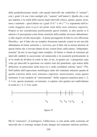 della gradualizzazione tonale, solo quegli intervalli che soddisfino il “senario”,
                                  cioè i gradi 1-6 con i loro multipli (cfr. “senario” nell’indice!). Quello che a noi
                                  qui importa, è la realtà della nascita degli intervalli (ottava, quinta, quarta, terza,
                                  tono e semitono - quest’ultimo tra i gradi 15 h’’’ e 16 c’’’’!) e soprattutto dell’ac-
                                  cordo maggiore puro (c-g-e) nei primi stadi della serie armonica superiore.
                                  Proprio se noi consideriamo psichicamente questi risultati, in altre parole se li
                                  udiamo e li percepiamo come forme animiche della totalità, dovremo abbandonar-
                                  ci allo stupore ed alla meraviglia - il primo presupposto di tutta la vera riflessione
                                  filosofica - per il fatto che un semplice fenomeno naturale scateni in noi una tale
                                  abbondanza di forme animiche e, viceversa, per il fatto che la norma interiore di
                                  queste forme che si trovano dentro di noi, risuoni fuori, nella natura, “indipenden-
                                  temente” da noi, in una legge tanto semplice. Al lettore si chiede di sistemare gli
                                  intervalli suddetti in successione sul monocordo e di assumerli psichicamente in
Progetto Esonet - www.esonet.it




                                  sé in modo da dividere la corda in due, in tre, in quattro etc. e paragonare ogni
                                  volta gli intervalli in questione coi relativi toni del pianoforte; egli noterà delle
                                  differenze in particolare nella terza (e) e nella cosiddetta settima “pura” (xb).
                                  Nell’ambito dell’espressione morfologica tanto del contenuto interiore quanto di
                                  quello esteriore della serie armonica superiore, menzioniamo, come quarto
                                  momento, il suo carattere di “smorzamento”. Nella sequenza numerica pura 1, 2,
                                  3, 4 etc. questo momento, ovviamente, si esprime solo qualora noi suddividiamo
                                  la corda in 1, 2, 3, 4 etc. parti:




                                                                        figura 37



                                  Ma lo “smorzarsi”, il restringersi, l’abbreviarsi, si cela anche nella scansione ad
                                  intervalli che si restringe sempre di più, dunque nel contenuto interiore psichico,

                                                                           258
 