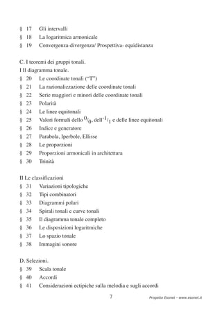 § 17     Gli intervalli
§ 18     La logaritmica armonicale
§ 19     Convergenza-divergenza/ Prospettiva- equidistanza


C. I teoremi dei gruppi tonali.
I Il diagramma tonale.
§ 20     Le coordinate tonali (“T”)
§ 21     La razionalizzazione delle coordinate tonali
§ 22     Serie maggiori e minori delle coordinate tonali
§ 23     Polarità
§ 24     Le linee equitonali
§ 25     Valori formali dello 0/0, dell’1/1 e delle linee equitonali
§ 26     Indice e generatore
§ 27     Parabola, Iperbole, Ellisse
§ 28     Le proporzioni
§ 29     Proporzioni armonicali in architettura
§ 30     Trinità

II Le classificazioni
§ 31     Variazioni tipologiche
§ 32     Tipi combinatori
§ 33     Diagrammi polari
§ 34     Spirali tonali e curve tonali
§ 35     Il diagramma tonale completo
§ 36     Le disposizioni logaritmiche
§ 37     Lo spazio tonale
§ 38     Immagini sonore


D. Selezioni.
§ 39     Scala tonale
§ 40     Accordi
§ 41     Considerazioni ectipiche sulla melodia e sugli accordi

                                          7                  Progetto Esonet - www.esonet.it
 