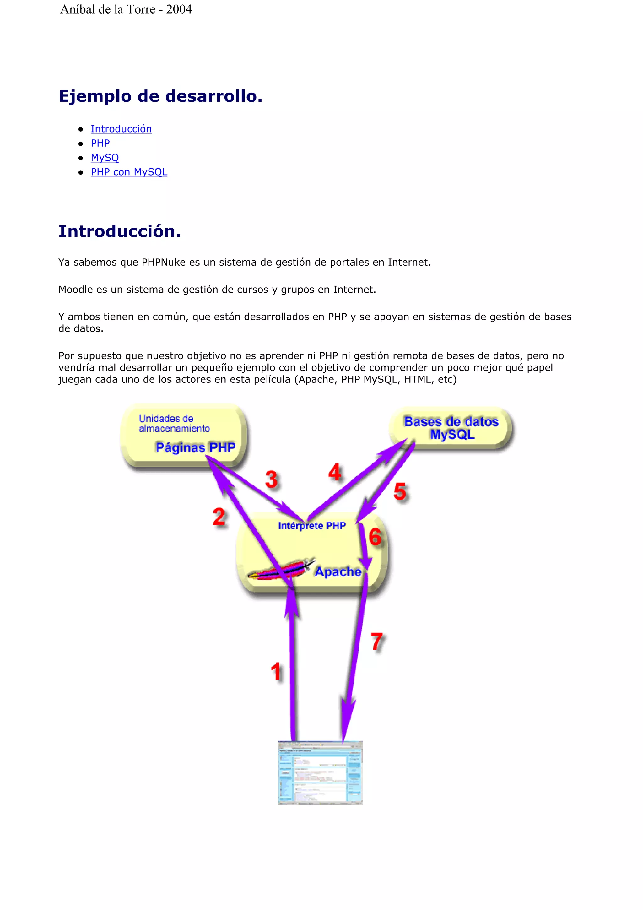 Ejemplo de desarrollo.
Introducción
PHP
MySQ
PHP con MySQL
Introducción.
Ya sabemos que PHPNuke es un sistema de gestión de portales en Internet.
Moodle es un sistema de gestión de cursos y grupos en Internet.
Y ambos tienen en común, que están desarrollados en PHP y se apoyan en sistemas de gestión de bases
de datos.
Por supuesto que nuestro objetivo no es aprender ni PHP ni gestión remota de bases de datos, pero no
vendría mal desarrollar un pequeño ejemplo con el objetivo de comprender un poco mejor qué papel
juegan cada uno de los actores en esta película (Apache, PHP MySQL, HTML, etc)
Aníbal de la Torre - 2004
 