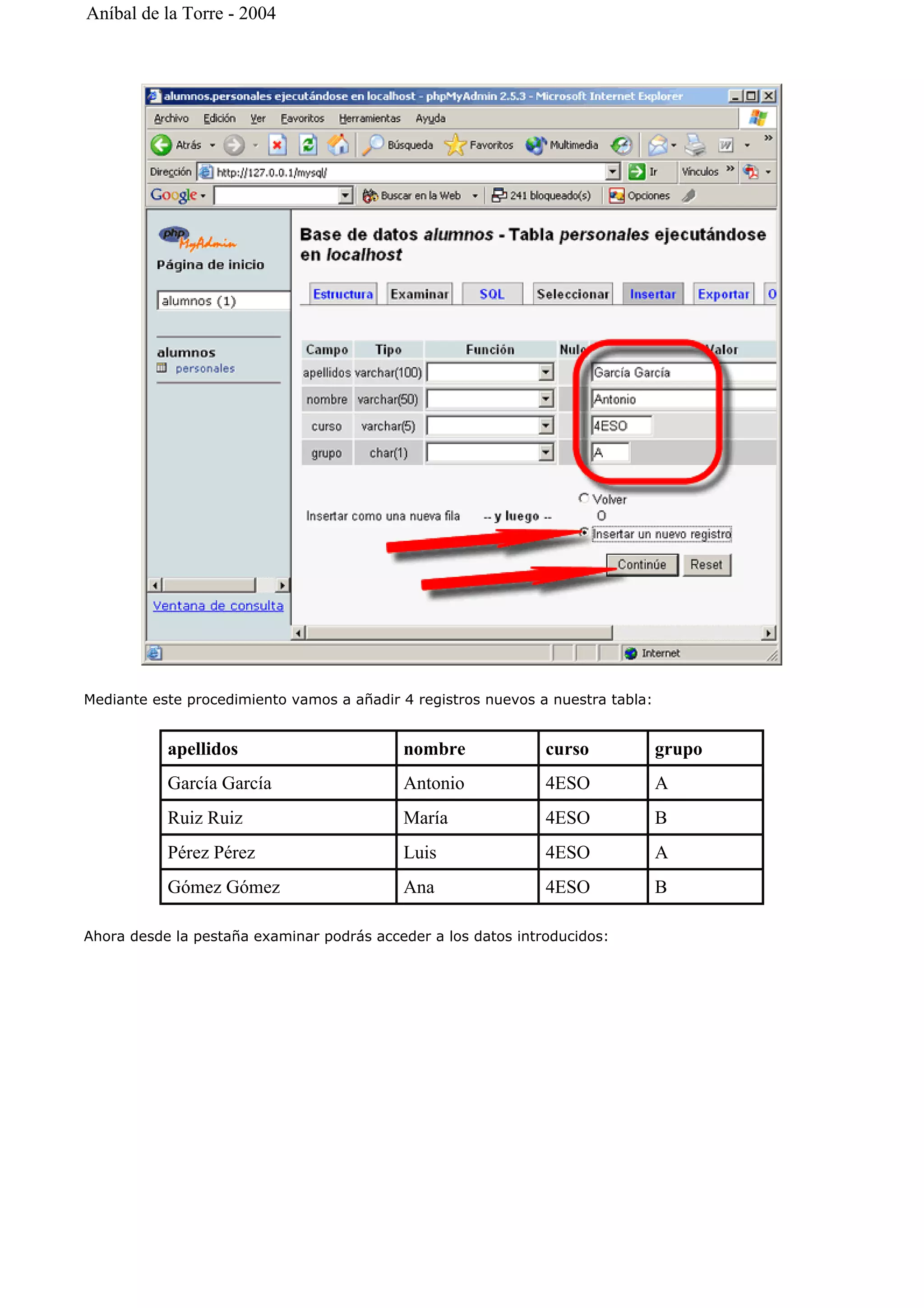 Mediante este procedimiento vamos a añadir 4 registros nuevos a nuestra tabla:
Ahora desde la pestaña examinar podrás acceder a los datos introducidos:
apellidos nombre curso grupo
García García Antonio 4ESO A
Ruiz Ruiz María 4ESO B
Pérez Pérez Luis 4ESO A
Gómez Gómez Ana 4ESO B
Aníbal de la Torre - 2004
 