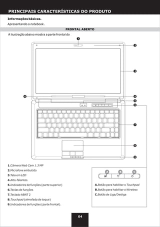 PRINCIPAIS CARACTERÍSTICAS DO PRODUTO
Informações básicas.
Apresentando o notebook.
                                            FRONTAL ABERTO
A ilustração abaixo mostra a parte frontal do
                                                 1

                                                                                           2




                                                                                           3




            4                                                                              4
                                                                                           5
                                                                                           6




                                                                                           7




                                                                                           8




                                                                                           9


1.Câmera Web Cam 1.3 MP
2.Microfone embutido
                                                                     A          B         C
3.Tela em LED
4.Alto-falantes
5.Indicadores de funções (parte superior)                    A.Botão para habilitar o Touchpad
6.Teclas de funções                                          B.Botão para habilitar o Wireless
7.Teclado ABNT 2                                             C.Botão de Liga/Desliga
8.Touchpad (almofada de toque)
9.Indicadores de funções (parte frontal).



                                                  04
 