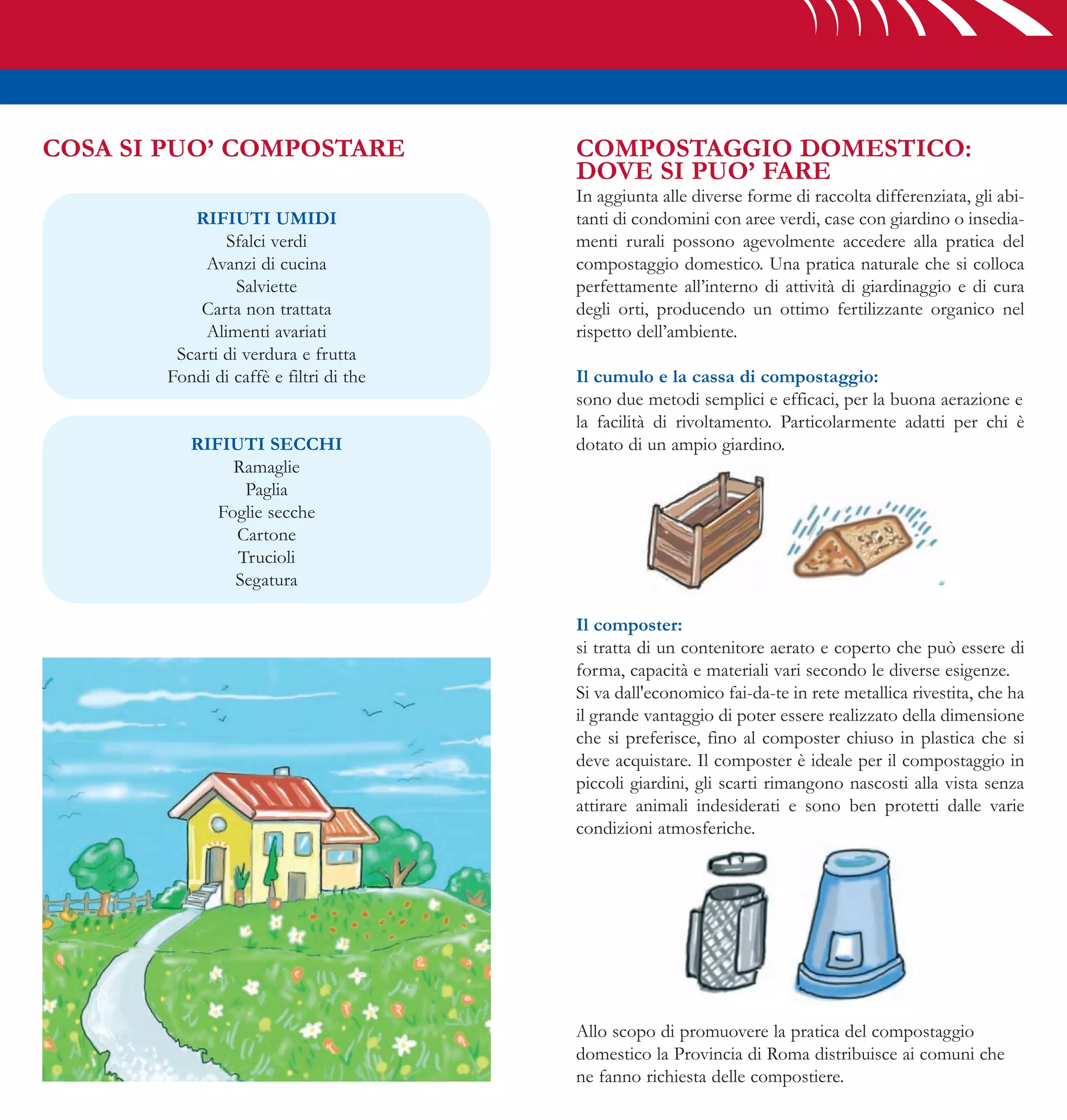 COSA SI PUO’ COMPOSTARE                 COMPOSTAGGIO DOMESTICO:
                                        DOVE SI PUO’ FARE
                                        In aggiunta alle diverse forme di raccolta differenziata, gli abi-
          RIFIUTI UMIDI                 tanti di condomini con aree verdi, case con giardino o insedia-
               Sfalci verdi             menti rurali possono agevolmente accedere alla pratica del
            Avanzi di cucina            compostaggio domestico. Una pratica naturale che si colloca
                 Salviette              perfettamente all’interno di attività di giardinaggio e di cura
           Carta non trattata           degli orti, producendo un ottimo fertilizzante organico nel
            Alimenti avariati           rispetto dell’ambiente.
        Scarti di verdura e frutta
       Fondi di caffè e filtri di the   Il cumulo e la cassa di compostaggio:
                                        sono due metodi semplici e efficaci, per la buona aerazione e
                                        la facilità di rivoltamento. Particolarmente adatti per chi è
          RIFIUTI SECCHI                dotato di un ampio giardino.
               Ramaglie
                Paglia
             Foglie secche
               Cartone
               Trucioli
               Segatura

                                        Il composter:
                                        si tratta di un contenitore aerato e coperto che può essere di
                                        forma, capacità e materiali vari secondo le diverse esigenze.
                                        Si va dall'economico fai-da-te in rete metallica rivestita, che ha
                                        il grande vantaggio di poter essere realizzato della dimensione
                                        che si preferisce, fino al composter chiuso in plastica che si
                                        deve acquistare. Il composter è ideale per il compostaggio in
                                        piccoli giardini, gli scarti rimangono nascosti alla vista senza
                                        attirare animali indesiderati e sono ben protetti dalle varie
                                        condizioni atmosferiche.




                                        Allo scopo di promuovere la pratica del compostaggio
                                        domestico la Provincia di Roma distribuisce ai comuni che
                                        ne fanno richiesta delle compostiere.
 