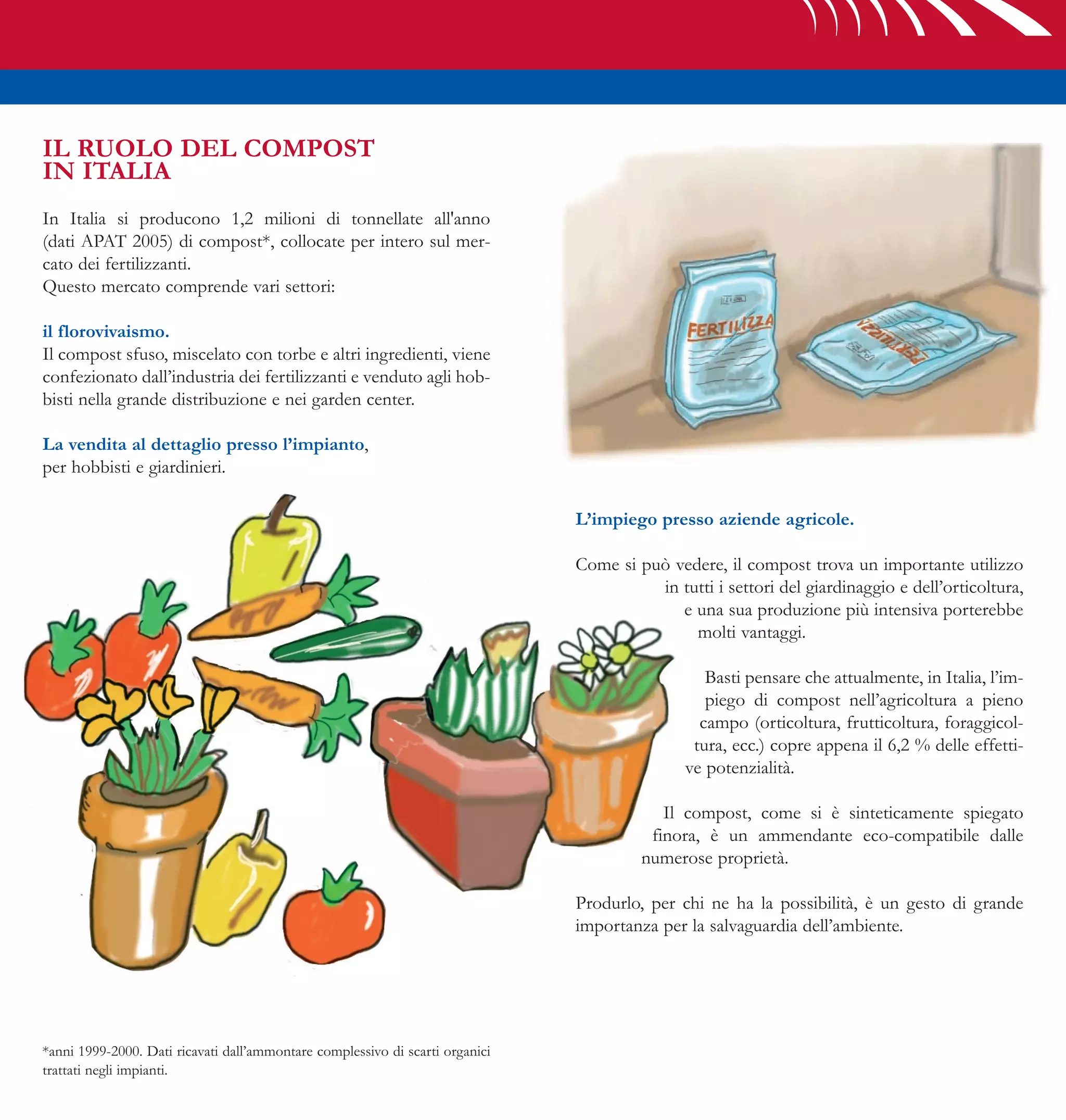 IL RUOLO DEL COMPOST
IN ITALIA
In Italia si producono 1,2 milioni di tonnellate all'anno
(dati APAT 2005) di compost*, collocate per intero sul mer-
cato dei fertilizzanti.
Questo mercato comprende vari settori:

il florovivaismo.
Il compost sfuso, miscelato con torbe e altri ingredienti, viene
confezionato dall’industria dei fertilizzanti e venduto agli hob-
bisti nella grande distribuzione e nei garden center.

La vendita al dettaglio presso l’impianto,
per hobbisti e giardinieri.

                                                                               L’impiego presso aziende agricole.

                                                                               Come si può vedere, il compost trova un importante utilizzo
                                                                                         in tutti i settori del giardinaggio e dell’orticoltura,
                                                                                            e una sua produzione più intensiva porterebbe
                                                                                              molti vantaggi.

                                                                                                 Basti pensare che attualmente, in Italia, l’im-
                                                                                                 piego di compost nell’agricoltura a pieno
                                                                                                campo (orticoltura, frutticoltura, foraggicol-
                                                                                               tura, ecc.) copre appena il 6,2 % delle effetti-
                                                                                              ve potenzialità.

                                                                                           Il compost, come si è sinteticamente spiegato
                                                                                         finora, è un ammendante eco-compatibile dalle
                                                                                        numerose proprietà.

                                                                               Produrlo, per chi ne ha la possibilità, è un gesto di grande
                                                                               importanza per la salvaguardia dell’ambiente.




*anni 1999-2000. Dati ricavati dall’ammontare complessivo di scarti organici
trattati negli impianti.
 