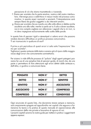 11
percezione di ciò che stiamo trasmettendo o ricevendo.
f. Diamo per scontato che la parte emotiva, nostra e del nostro interlocu-
tore, intervenga poco o addirittura in nessun modo nel processo comu-
nicativo: in quanto esseri razionali e senzienti, l’interpretazione sarà
sempre libera da giudizi soggettivi o da interventi emotivi.
g. Diamo per scontato che se si parla uno alla volta allora si debba anche
ascoltare uno alla volta: mentre io parlo sei tu il solo a dover ascoltare,
non è mio compito cogliere con attenzione i segnali che tu mi invii, io
mi devo impegnare esclusivamente nella scelta delle parole.
In questa lista di pensieri rigidi e stereotipati si celano errori che possono
rendere davvero difficoltoso un proficuo processo comunicativo.
Ti sei riconosciuto in qualcuno di essi?
Il primo e più pericoloso di questi errori si cela sotto l’espressione “dia-
mo per scontato”.
Togliamoci queste certezze dalla testa e saremo già al riparo dalla maggio-
ranza degli errori che comunemente commettiamo.
Per aiutarci in tale difficile processo di “pulizia” dagli agenti patogeni pos-
siamo far uso di una semplice lista di pensieri guida, di moniti che, da una
parte ci permettano di fare attenzione agli errori dettati dalle certezze e,
dall’altra, ci guidino a comunicare bene.
PENSATO NON E’ DETTO
DETTO NON E’ SENTITO
SENTITO NON E’ ASCOLTATO
ASCOLTATO NON E’ COMPRESO
COMPRESO NON E’ CONDIVISO
Ogni enunciato di questa lista, che dovremmo tenere sempre a memoria,
sarà ampiamente spiegato ed approfondito nei capitoli che seguono e for-
meranno la teoria e la pratica di questo manuale di sopravvivenza alle
comunicazioni della vita privata e lavorativa di ognuno di noi.
I prossimi capitoli saranno la nostra guida per mettere in pratica i suggerimenti
appena espressi.
 