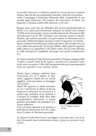 20
Le possibili distorsioni si verificano perché la comunicazione è costituita
sempre, oltre che da una componente razionale, anche da una emotiva.
Inoltre il messaggio è fortemente influenzato dalle caratteristiche di per-
sonalità degli interlocutori, dal contesto, dai meccanismi di difesa, dai
pregiudizi e stereotipi portati nella relazione, e non solo...
Bisogna tener conto che, per difenderci dal continuo bombardamento di
stimoli a cui siamo permanentemente sottoposti (si calcola siano almeno
10.000 stimoli al secondo), il nostro cervello seleziona le informazioni affe-
renti attraverso l’uso di “filtri” fisiologici e poi razionali, emotivi e culturali.
Pertanto, ogni persona possiede un proprio sistema di riferimento unico e
personale, strettamente legato al proprio modo di rapportarsi col mondo.
Questo è determinato dal proprio sistema percettivo, dal concetto che si ha
di sé, dalla storia personale, dai bisogni affettivi, dalle capacità cognitive,
dalla cultura a cui appartiene e dai relativi valori che ha come riferimen-
to, dalle motivazioni e aspettative, dai propri ruoli sociali e professionali,
ecc.
Un classico esempio di tale distorsione percettiva è la figura ambigua della
“moglie e suocera” (vedi fig.4); questa a seconda che si focalizzi l’atten-
zione verso una parte o l’altra dell’immagine-stimolo può essere percepita
coma una “giovane” o una “vecchia” donna.
Fig. 4 - “Moglie e Suocera”,
W.Will
Questa figura ambigua sottolinea bene
l’importanza che ha il sistema di riferi-
mento soggettivo rispetto ad uno stimolo
oggettivo, come può essere un messaggio
comunicativo.
Questi filtri agiscono in stretta connessio-
ne con i meccanismi di difesa; la loro at-
tivazione è automatica ed inconscia e si
verifica ogni qualvolta c’è la necessità o
il bisogno di escludere dalla sfera della
consapevolezza informazioni o impulsi
giudicati inaccettabili che potrebbero pro-
vocare sofferenza.
Il loro principio operante è di ignorare o
distorcere le informazioni che non confer-
mano il sistema di riferimento personale.
La ragione di tale distorsione è proteggere l’opinione che si ha di sé,
dato che questa viene costantemente messa in gioco nei processi comu-
nicativi.
 