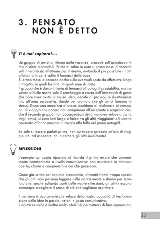 23
3 . P E N S AT O 				
N O N È D E T T O
Ti è mai capitato?….
Un gruppo di amici di ritorno dalle vacanze, procede sull’autostrada in
due distinte automobili. Prima di salire in auto si erano messi d’accordo
sull’itinerario da effettuare per il rientro, evitando il più possibile i tratti
affollati o in cui è solito il formarsi delle code.
Si erano messi d’accordo anche sulle eventuali soste da effettuare lungo
il tragitto, in quali località, in quali aree di sosta.
Il gruppo che è davanti, tenta di fermarsi all’autogrill prestabilito, ma tro-
vando difficile anche solo il parcheggio a causa dell’immensità di gente
che pare aver avuto la stessa idea, decide di proseguire direttamente
fino all’area successiva, dando per scontato che gli amici faranno lo
stesso. Dopo una mezz’ora d’attesa, decidono di telefonare ai compa-
gni di viaggio che ancora non compaiono all’orizzonte e scoprono così
che il secondo gruppo, non accorgendosi della manovra veloce d’uscita
degli amici, si sono fatti largo a fatica tra gli altri viaggiatori e li stanno
cercando affannosamente in mezzo alla folla nel primo autogrill.
Se solo si fossero parlati prima, non avrebbero sprecato un’ora di viag-
gio, chi ad aspettare, chi a cercare gli altri inutilmente!
RIFLESSIONI
L’esempio qui sopra riportato ci ricorda il primo errore che comune-
mente commettiamo a livello comunicativo: non esprimere in maniera
aperta, chiara e comprensibile ciò che pensiamo.
Come già scritto nel capitolo precedente, dimentichiamo troppo spesso
che gli altri non possono leggere nella nostra mente e diamo per scon-
tato che, anche saltando parti delle nostre riflessioni, gli altri riescano
comunque a cogliere il senso di ciò che vogliamo esprimere.
Il pensiero è sicuramente più veloce della nostra capacità di trasforma-
zione delle idee in parole, azioni e gesto comunicativo.
Il nostro cervello è inoltre molto abile nel permetterci di fare connessioni
 