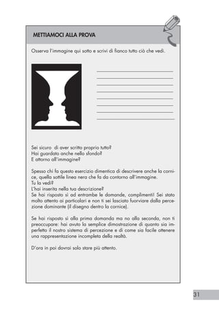 31
nel suo insmiee... vstio?
Osserva l’immagine qui sotto e scrivi di fianco tutto ciò che vedi.
	 ________________________________
				 ________________________________
				 ________________________________
				 ________________________________
				 ________________________________
				 ________________________________
				 ________________________________
				 ________________________________
___
Sei sicuro di aver scritto proprio tutto?
Hai guardato anche nello sfondo?
E attorno all’immagine?
Spesso chi fa questo esercizio dimentica di descrivere anche la corni-
ce, quella sottile linea nera che fa da contorno all’immagine.
Tu la vedi?
L’hai inserita nella tua descrizione?
Se hai risposto sì ad entrambe le domande, complimenti! Sei stato
molto attento ai particolari e non ti sei lasciato fuorviare dalla perce-
zione dominante (il disegno dentro la cornice).
Se hai risposto sì alla prima domanda ma no alla seconda, non ti
preoccupare: hai avuto la semplice dimostrazione di quanto sia im-
perfetto il nostro sistema di percezione e di come sia facile ottenere
una rappresentazione incompleta della realtà.
D’ora in poi dovrai solo stare più attento.
METTIAMOCI ALLA PROVA
 
