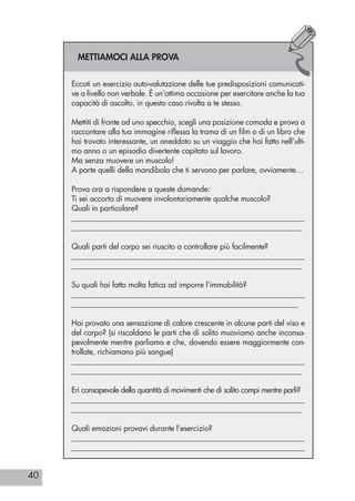 40
Eccoti un esercizio auto-valutazione delle tue predisposizioni comunicati-
ve a livello non verbale. È un’ottima occasione per esercitare anche la tua
capacità di ascolto, in questo caso rivolta a te stesso.
Mettiti di fronte ad uno specchio, scegli una posizione comoda e prova a
raccontare alla tua immagine riflessa la trama di un film o di un libro che
hai trovato interessante, un aneddoto su un viaggio che hai fatto nell’ulti-
mo anno o un episodio divertente capitato sul lavoro.
Ma senza muovere un muscolo!
A parte quelli della mandibola che ti servono per parlare, ovviamente…
Prova ora a rispondere a queste domande:
Ti sei accorto di muovere involontariamente qualche muscolo?
Quali in particolare?
______________________________________________________________
______________________________________________________________
Quali parti del corpo sei riuscito a controllare più facilmente?
______________________________________________________________
______________________________________________________________
Su quali hai fatto molta fatica ad imporre l’immobilità?
______________________________________________________________
_____________________________________________________________
Hai provato una sensazione di calore crescente in alcune parti del viso e
del corpo? (si riscaldano le parti che di solito muoviamo anche inconsa-
pevolmente mentre parliamo e che, dovendo essere maggiormente con-
trollate, richiamano più sangue)
______________________________________________________________
______________________________________________________________
Eri consapevole della quantità di movimenti che di solito compi mentre parli?
______________________________________________________________
______________________________________________________________
Quali emozioni provavi durante l’esercizio?
______________________________________________________________
______________________________________________________________
METTIAMOCI ALLA PROVA
 