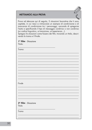 50
Prova ad elencare qui di seguito, 3 situazioni lavorative che ti sono
capitate, in cui riesci a rintracciare un esempio di condivisione o di
mancanza di condivisione tra i personaggi, cercando di spiegarne
l’esito e specificando il tipo di messaggio condiviso o non condiviso
(un codice linguistico, un’emozione, un’esperienza…).
Spiegaci le situazioni come fossero dei film, trovando un titolo, descri-
vendo la trama e il finale.
1° Film - Situazione
Titolo:
_____________________________________
Trama:
____________________________________________________________
____________________________________________________________
____________________________________________________________
___________________________________________________________
____________________________________________________________
____________________________________________________________
____________________________________________________________
____________________________________________________________
____________________________________________________________
____________________________________________________________
Finale
____________________________________________________________
____________________________________________________________
____________________________________________________________
____________________________________________________________
____________________________________________________________
2° Film - Situazione
Titolo
_____________________________________
Trama
____________________________________________________________
____________________________________________________________
METTIAMOCI ALLA PROVA
 