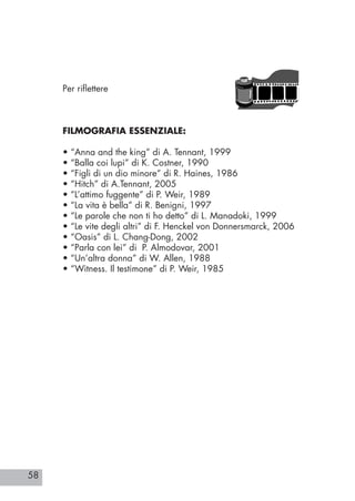 58
Per riflettere
FILMOGRAFIA ESSENZIALE:
• “Anna and the king” di A. Tennant, 1999
• “Balla coi lupi” di K. Costner, 1990
• “Figli di un dio minore” di R. Haines, 1986
• “Hitch” di A.Tennant, 2005
• “L’attimo fuggente” di P. Weir, 1989
• “La vita è bella” di R. Benigni, 1997
• “Le parole che non ti ho detto” di L. Manadoki, 1999
• “Le vite degli altri” di F. Henckel von Donnersmarck, 2006
• “Oasis” di L. Chang-Dong, 2002
• “Parla con lei” di P. Almodovar, 2001
• “Un’altra donna” di W. Allen, 1988
• “Witness. Il testimone” di P. Weir, 1985
 