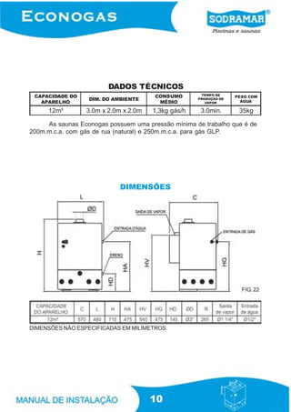 DADOS TÉCNICOS
CAPACIDADE DO
APARELHO

DIM. DO AMBIENTE

CONSUMO
MÉDIO

TEMPO DE
PRODUÇÃO DE
VAPOR

PESO COM
ÁGUA

12m³

3.0m x 2.0m x 2.0m

1,3kg gás/h

3.0min.

3 5 kg

As saunas Econogas possuem uma pressão mínima de trabalho que é de
200m.m.c.a. com gás de rua (natural) e 250m.m.c.a. para gás GLP.

DIMENSÕES

FIG. 22

DIMENSÕES NÃO ESPECIFICADAS EM MILÍMETROS

10

 