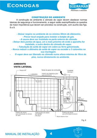 CONSTRUÇÃO DO AMBIENTE
A construção do ambiente e cômodo de vapor devem obedecer normas
básicas de segurança e funcionamento, a seguir estão exemplificados os quesitos
de maior importância que devem ser previstos na construção, com auxílio das figs.
8 e 9.
- Deixar respiro no ambiente de no mínimo 50mm de diâmentro.
- Prever local arejado para instalar o botijão de gás.
- A sauna deve ser instalada na parte externa do cômodo.
- Deixar dois pontos de água, um o mais próximo de onde o aparelho for
instalado, e outro dentro do cômodo de vapor.
- Tubulação da saída de vapor em cobre ou ferro galvanizado.
- Nunca reduzir o diâmetro da saída de vapor ou exceder a 3 cotovelos na
sua montagem.
O vapor deve ser liberado no cômodo numa altura máxima de 10cm do
piso, nunca diretamente no ambiente.

Fig..8

4

 