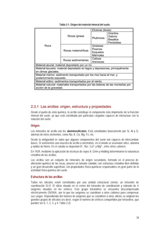 Tabla 2-1. Origen del material mineral del suelo.
                                                     Efusivas (lavas)
                                                                   Granitos
                                Rocas ígneas                       Gabros
                                                     Plutónicas
                                                                   Basaltos
                                                                   Peridotitas
            Roca                                     Gneisses
                                                     Pizarras
                            Rocas metamórficas
                                                     Esquistos
                                                     Mármoles
                                                     Calizas
                            Rocas sedimentarias
                                                     Areniscas
    Material aluvial: material depositado por un río.
    Material lacustre: material depositado en lagos y depresiones, principalmente
    en climas glaciales.
    Material marino: sedimento transportado por los ríos hacia el mar, y
    posteriormente expuesto.
    Material eólico: sedimentos transportados por el viento.
    Material coluvial: materiales transportados por las laderas de las montañas por
    acción de la gravedad.




2.3.1 Las arcillas: origen, estructura y propiedades
Desde el punto de vista químico, la arcilla constituye el componente más importante de la fracción
mineral del suelo, ya que está constituida por partículas cargadas capaces de interactuar con la
solución del suelo.

Origen
Los minerales de arcilla son los aluminosilicatos. Está constituidos básicamente por Si, Al y O,
además de otros elementos, como Na, K, Ca, Mg, Fe, etc.
Desde la antigüedad se sabía que algunos componentes del suelo son capaces de intercambiar
bases. Si sometemos una muestra de arcilla a electrolisis, en el ánodo se acumulan sílice, alúmina
y óxidos de hierro. En el cátodo se depositan K+, Na+, Ca2+ y Mg2+, entre otros cationes.
En 1929, mediante la aplicación de técnicas de rayos X, Grim y Holding determinaron la naturaleza
cristalina de las arcillas.
Las arcillas son un conjunto de minerales de origen secundario, formado en el proceso de
alteración química de las rocas, poseen un tamaño coloidal, con estructura cristalina bien definida
y un gran desarrollo superficial, con propiedades físico-químicas responsables en gran parte de la
actividad físico-química del suelo.

Estructura de las arcillas
Todos los silicatos están constituidos por una unidad estructural común, un tetraedro de
coordinación Si-O. El silicio situado en el centro del tetraedro de coordinación y rodeado de 4
oxígenos situados en los vértices. Este grupo tetraédrico se encuentra descompensado
eléctricamente (SiO4)4-, por lo que los oxígenos se coordinan a otros cationes para compensar
sus cargas. Dependiendo del número de oxígenos que se coordinen a otros silicios se originan los
grandes grupos de silicatos (es decir, según el número de vértices compartidos por tetraedros, que
pueden ser 0, 1, 2, 3, y 4; Tabla 2-2).



                                                                                                18
 