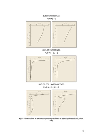SUELOS AGRÍCOLAS
                                                             Perfil Ap - C

                                    MO (%)                                                 MO (%)
                    0        0,5                  1           1,5            0       0,5            1        1,5
               0                                                         0



                                                                         5
              10


                                                                        10
              20

                                                                        15
              30
                                                                        20


              40
                                                                        25


              50
                                                                        30



              60                                                        35




                                                  SUELOS FORESTALES
                                                        Perfil Ah – Bw – C

                                        MO (%)                                             MO (%)

                    0   10         20        30         40     50            0   5           10         15   20

                0                                                        0


                5
                                                                        10
               10

                                                                        20
               15

               20
                                                                        30

               25
                                                                        40
               30

               35                                                       50

               40
                                                                        60
               45

               50                                                       70




                                        SUELOS CON LAVADO INTENSO
                                                       Perfil A – E – Bth – C

                                    MO (%)                                                 MO (%)

                    0         5                   10           15            0        2             4          6

               0                                                         0


              10                                                        10


              20                                                        20

              30
                                                                        30

              40
                                                                        40
              50
                                                                        50
              60

                                                                        60
              70


              80                                                        70


              90                                                        80




Figura 3-3. Distribución de la materia orgánica en profundidad en algunos perfiles de suelo (Jordán,
                                                2000).




                                                                                                                   30
 