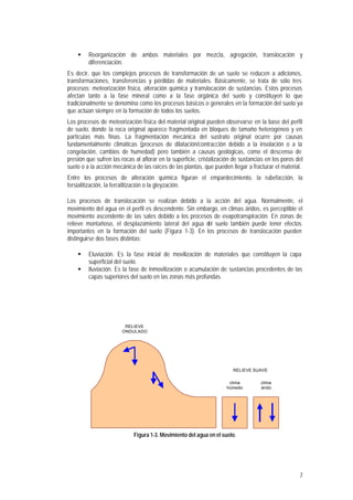 §    Reorganización de ambos materiales por mezcla, agregación, translocación y
         diferenciación.
Es decir, que los complejos procesos de transformación de un suelo se reducen a adiciones,
transformaciones, transferencias y pérdidas de materiales. Básicamente, se trata de sólo tres
procesos: meteorización física, alteración química y translocación de sustancias. Estos procesos
afectan tanto a la fase mineral como a la fase orgánica del suelo y constituyen lo que
tradicionalmente se denomina como los procesos básicos o generales en la formación del suelo ya
que actúan siempre en la formación de todos los suelos.
Los procesos de meteorización física del material original pueden observarse en la base del perfil
de suelo, donde la roca original aparece fragmentada en bloques de tamaño heterogéneo y en
partículas más finas. La fragmentación mecánica del sustrato original ocurre por causas
fundamentalmente climáticas (procesos de dilatación/contracción debido a la insolación o a la
congelación, cambios de humedad) pero también a causas geológicas, como el descenso de
presión que sufren las rocas al aflorar en la superficie, cristalización de sustancias en los poros del
suelo o a la acción mecánica de las raíces de las plantas, que pueden llegar a fracturar el material.
Entre los procesos de alteración química figuran el empardecimiento, la rubefacción, la
fersialitización, la ferralitización o la gleyzación.

Los procesos de translocación se realizan debido a la acción del agua. Normalmente, el
movimiento del agua en el perfil es descendente. Sin embargo, en climas áridos, es perceptible el
movimiento ascendente de las sales debido a los procesos de evapotranspiración. En zonas de
relieve montañoso, el desplazamiento lateral del agua d suelo también puede tener efectos
                                                        el
importantes en la formación del suelo (Figura 1-3). En los procesos de translocación pueden
distinguirse dos fases distintas:

    §    Eluviación. Es la fase inicial de movilización de materiales que constituyen la capa
         superficial del suelo.
    §    Iluviación. Es la fase de inmovilización o acumulación de sustancias procedentes de las
         capas superiores del suelo en las zonas más profundas.




                        RELIEVE
                       ONDULADO




                                                                        RELIEVE SUAVE

                                                                      clima         clima
                                                                     húmedo         árido




                             Figura 1-3. Movimiento del agua en el suelo.




                                                                                                     7
 