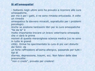 Sì all’omeopatia! - Soltanto negli ultimi anni ho provato a ricorrere alle cure omeopatiche,  per me e per i gatti, e ne sono rimasta entusiasta. A volte un rimedio  omeopatico fa davvero miracoli, soprattutto per i problemi psicologici.  Anche se esistono tantissimi libri per le cure omeopatiche “fai da te” è  molto importante trovare un bravo veterinario omeopata che vi darà le prime  nozioni di questa meravigliosa scienza medica (ce ne sono in tutte le grandi  città). Ormai ho sperimentato la cura di più vari disturbi dei felini: da  un forte raffreddore all’asma allergico, passando per tutti i tipi di  diarrea, depressione, traumi, ecc. Non fatevi delle idee preconcette:  “non ci credo”, provate per credere!  