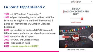 La Storia: tappe salienti 2
1960 - si diffondono “i computer”
1969 - Open University, tutta online, in UK ha
formato ad oggi oltre 2 milioni di studenti, è
parte del movimento ODL (Open Distance
Learning)
2000 - prima laurea online del Politecnico di
Milano, senza webcam, per alcuni senza mouse
2002 - Moodle: via all’open
2007 - MOOC, tra Canada e USA
2016 - EduOpen in italia
2020 - ...cosa succede nel 2020?
 