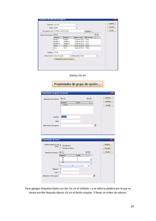 Damos clic en:

Para agregar etiquetas basta con dar clic en el símbolo + y se edita la palabra por la que se
desea escribir después damos clic en el botón aceptar. Y llevar un orden de valores.

20

 