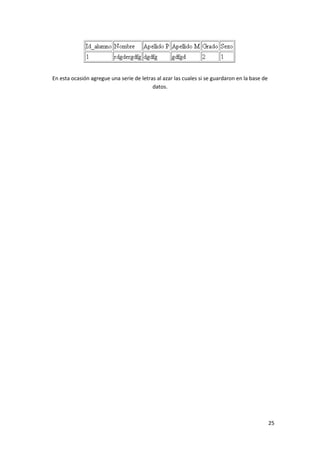 En esta ocasión agregue una serie de letras al azar las cuales si se guardaron en la base de
datos.

25

 