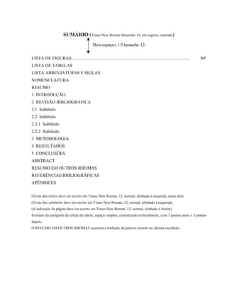 SUMÁRIO (Times New Roman dimensão 14, em negrito, centrado)
Dois espaços 1.5 tamanho 12
LISTA DE FIGURAS .......................................................................................................... NP
LISTA DE TABELAS
LISTA ABREVIATURAS E SIGLAS
NOMENCLATURA
RESUMO
1 INTRODUÇÃO
2 REVISÃO BIBLIOGRÁFICA
2.1 Subtítulo
2.2 Subtítulo
2.2.1 Subtítulo
2.2.2 Subtítulo
3 METODOLOGIA
4 RESULTADOS
5 CONCLUSÕES
ABSTRACT
RESUMO EM OUTROS IDIOMAS
REFERÊNCIAS BIBLIOGRÁFICAS
APÊNDICES
(Texto dos títulos deve ser escrito em Times New Roman, 12, normal, alinhado à esquerda, caixa alta)
(Texto dos subtítulos deve ser escrito em Times New Roman, 12, normal, alinhado à esquerda)
(A indicação da página deve ser escrito em Times New Roman, 12, normal, alinhado à direita)
Formato do parágrafo da célula da tabela, espaço simples, centralizado verticalmente, com 3 pontos antes e 3 pontos
depois.
O RESUMO EM OUTROS IDIOMAS assumirá a tradução da palavra resumo no idioma escolhido.
 