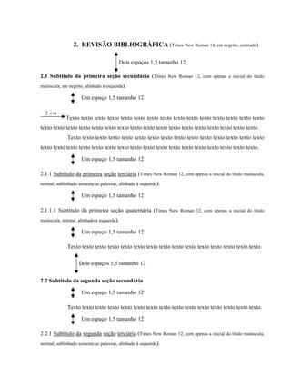2. REVISÃO BIBLIOGRÁFICA (Times New Roman 14, em negrito, centrado)
Dois espaços 1,5 tamanho 12
2.1 Subtítulo da primeira seção secundária (Times New Roman 12, com apenas a inicial do título
maiúscula, em negrito, alinhado à esquerda).
Um espaço 1,5 tamanho 12
2 c m
Texto texto texto texto texto texto texto texto texto texto texto texto texto texto texto
texto texto texto texto texto texto texto texto texto texto texto texto texto texto texto texto texto.
Texto texto texto texto texto texto texto texto texto texto texto texto texto texto texto
texto texto texto texto texto texto texto texto texto texto texto texto texto texto texto texto texto.
Um espaço 1,5 tamanho 12
2.1.1 Subtítulo da primeira seção terciária (Times New Roman 12, com apenas a inicial do título maiúscula,
normal, sublinhado somente as palavras, alinhado à esquerda).
Um espaço 1,5 tamanho 12
2.1.1.1 Subtítulo da primeira seção quaternária (Times New Roman 12, com apenas a inicial do título
maiúscula, normal, alinhado à esquerda).
Um espaço 1,5 tamanho 12
Texto texto texto texto texto texto texto texto texto texto texto texto texto texto texto.
Dois espaços 1,5 tamanho 12
2.2 Subtítulo da segunda seção secundária
Um espaço 1,5 tamanho 12
Texto texto texto texto texto texto texto texto texto texto texto texto texto texto texto.
Um espaço 1,5 tamanho 12
2.2.1 Subtítulo da segunda seção terciária (Times New Roman 12, com apenas a inicial do título maiúscula,
normal, sublinhado somente as palavras, alinhado à esquerda).
 