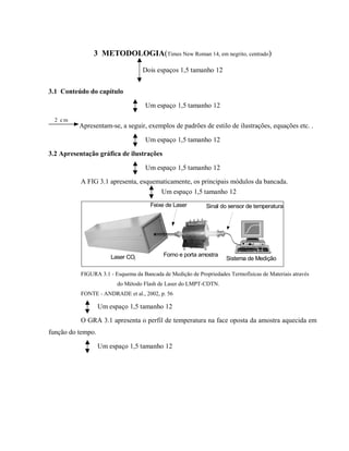3 METODOLOGIA(Times New Roman 14, em negrito, centrado)
Dois espaços 1,5 tamanho 12
3.1 Conteúdo do capítulo
Um espaço 1,5 tamanho 12
2 c m
Apresentam-se, a seguir, exemplos de padrões de estilo de ilustrações, equações etc. .
Um espaço 1,5 tamanho 12
3.2 Apresentação gráfica de ilustrações
Um espaço 1,5 tamanho 12
A FIG 3.1 apresenta, esquematicamente, os principais módulos da bancada.
Um espaço 1,5 tamanho 12
Laser CO2
Forno e porta amostra
Sistema de Medição
Feixe de Laser Sinal do sensor de temperatura
FIGURA 3.1 - Esquema da Bancada de Medição de Propriedades Termofísicas de Materiais através
do Método Flash de Laser do LMPT-CDTN.
FONTE - ANDRADE et al., 2002, p. 56
Um espaço 1,5 tamanho 12
O GRA 3.1 apresenta o perfil de temperatura na face oposta da amostra aquecida em
função do tempo.
Um espaço 1,5 tamanho 12
 
