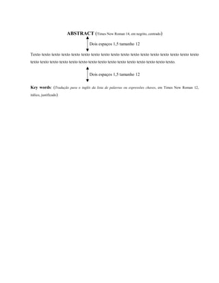 ABSTRACT (Times New Roman 14, em negrito, centrado)
Dois espaços 1,5 tamanho 12
Texto texto texto texto texto texto texto texto texto texto texto texto texto texto texto texto texto
texto texto texto texto texto texto texto texto texto texto texto texto texto texto texto.
Dois espaços 1,5 tamanho 12
Key words: (Tradução para o inglês da lista de palavras ou expressões chaves, em Times New Roman 12,
itálico, justificado)
 