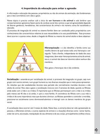 13
4. Importância da educação para evitar a agressão
A informação e educação das pessoas, proprietárias ou não de animais de estimação, são fundamentais
para a boa convivência com cães e gatos.
Neste tópico é preciso analisar sob a ótica do ser humano e do animal e vale lembrar que
comportamentos agressivos fazem parte da conduta social dos caninos e que tal agressividade depende
de fatores genéticos, hereditários, das características do animal e da maneira como foi socializado e
educado.
O processo de integração do animal no sistema familiar deve ser conduzido pelos proprietários com
conhecimento das características relativas às suas necessidades e às suas possibilidades. Este processo
deve ocorrer o quanto antes, desde a chegada do filhote ou mesmo do animal adulto e deve objetivar:
Hierarquização - o cão identifica a família como sua
matilha dentro da qual existe toda uma hierarquia a ser
seguida. Toda a família, independente da idade dos seus
integrantes, deve estar hierarquicamente acima do animal,
isto é, o animal não deve ter domínio sobre nenhum dos
membros.
Nos gatos a hierarquia não é tão evidente.
·
Socialização - entende-se por socialização do animal, o processo de integração no grupo, seja num
grupo com outros animais, num grupo humano ou nas diversas situações que o meio possa apresentar.
As relações que são estabelecidas durante esse período são normalmente mantidas durante a vida
adulta do animal. Nos cães e gatos a socialização inicia-se com 3 semanas de idade, quando os filhotes
ainda estão com a mãe e os irmãos. É importante que os filhotes permaneçam com a mãe e os irmãos
pelo menos até 45 dias e só então, ir para a nova família. A convivência do filhote com a sua mãe e
irmãos é de suma importância visto que durante o brincar, os filhotes aprendem a controlar a mordida,
posicionar-se socialmente como dominante/submisso e interagir com os demais membros do grupo
social.
A socialização deve ocorrer até 3 meses de idade. Nesta fase, o animal já deve ter sido apresentado às
pessoas, a diferentes animais, a outras espécies de animais e a situações diversas como tomar banho,
andar de carro, escovação, manipulação do seu alimento e de seu corpo, principalmente orelhas e boca.
 