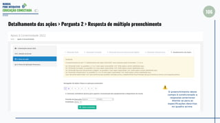 MANUAL
PDDE INTERATIVO
EDUCAÇÃO CONECTADA
106
2022
Detalhamento das ações > Pergunta 2 > Resposta de múltiplo preenchimento
O preenchimento deste
campo é condicionado a
respostas anteriores!
Atente-se para as
especificações descritas
no quadro acima.
 