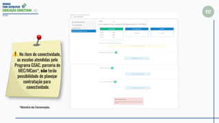MANUAL
PDDE INTERATIVO
EDUCAÇÃO CONECTADA
117
2022
No item de conectividade,
as escolas atendidas pelo
Programa GSAC, parceria do
MEC/MCom*, não terão
possibilidade de planejar
contratação para
conectividade.
*Ministério das Comunicações.
 