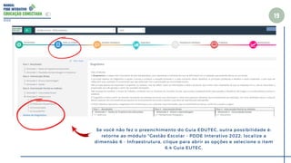 MANUAL
PDDE INTERATIVO
EDUCAÇÃO CONECTADA
19
2022
Se você não fez o preenchimento do Guia EDUTEC, outra possibilidade é:
retorne ao módulo "Gestão Escolar - PDDE Interativo 2022; localize a
dimensão 6 - Infraestrutura, clique para abrir as opções e selecione o item
6.4 Guia EUTEC.
 