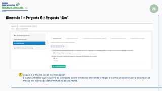 MANUAL
PDDE INTERATIVO
EDUCAÇÃO CONECTADA
28
2022
Dimensão 1 > Pergunta 6 > Resposta “Sim”
O que é o Plano Local de Inovação?
É o documento que reunirá as decisões sobre onde se pretende chegar e como proceder para alcançar as
metas de inovação determinadas pelas redes.
 
