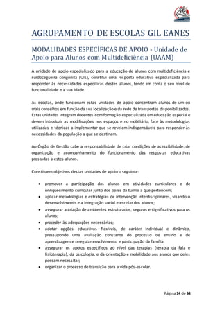 AGRUPAMENTO DE ESCOLAS GIL EANES
Página14 de 34
MODALIDADES ESPECIFICAS DE APOIO - Unidade de
Apoio para Alunos com Multideficiencia (UAAM)
A unidade de apoio especializado para a educação de alunos com multideficiência e
surdocegueira congénita (UIE), constitui uma resposta educativa especializada para
responder às necessidades específicas destes alunos, tendo em conta o seu nível de
funcionalidade e a sua idade.
As escolas, onde funcionam estas unidades de apoio concentram alunos de um ou
mais conselhos em função da sua localização e da rede de transportes disponibilizados.
Estas unidades integram docentes com formação especializada emeducação especial e
devem introduzir as modificações nos espaços e no mobiliário, face às metodologias
utilizadas e técnicas a implementar que se revelem indispensáveis para responder às
necessidades da população a que se destinam.
Ao Órgão de Gestão cabe a responsabilidade de criar condições de acessibilidade, de
organização e acompanhamento do funcionamento das respostas educativas
prestadas a estes alunos.
Constituem objetivos destas unidades de apoio o seguinte:
 promover a participação dos alunos em atividades curriculares e de
enriquecimento curricular junto dos pares da turma a que pertencem;
 aplicar metodologias e estratégias de intervenção interdisciplinares, visando o
desenvolvimento e a integração social e escolar dos alunos;
 assegurar a criação de ambientes estruturados, seguros e significativos para os
alunos;
 proceder às adequações necessárias;
 adotar opções educativas flexíveis, de caráter individual e dinâmico,
pressupondo uma avaliação constante do processo de ensino e de
aprendizagem e o regular envolvimento e participação da família;
 assegurar os apoios específicos ao nível das terapias (terapia da fala e
fisioterapia), da psicologia, e da orientação e mobilidade aos alunos que deles
possam necessitar;
 organizar o processo de transição para a vida pós-escolar.
 