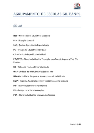 AGRUPAMENTO DE ESCOLAS GIL EANES
Página3 de 34
SIGLAS
NEE – Necessidades Educativas Especiais
EE – Educação Especial
EAE – Equipa de avaliação Especializada
PEI – Programa Educativo Individual
CEI – Currículo Específico Individual
PIT/TVPE – Plano Individualde Transição e ou Transição para a Vida Pós
Escolar
RC – Relatório Final ou Circunstanciado
UIE – Unidade de Intervenção Especializada
UAAM – Unidade de apoio a alunos com multideficiência
SNIPI – Sistema Nacional de Intervenção Precocena Infância
IPI – Intervenção Precocena Infância
ELI – Equipa Local de Intervenção
PIIP – Plano Individualde Intervenção Precoce
 