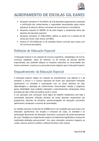 AGRUPAMENTO DE ESCOLAS GIL EANES
Página5 de 34
 Despacho normativo nº 24-A/2012, de 6 de dezembro (regulamenta a avaliação
e certificação dos conhecimentos e capacidades desenvolvidas pelos alunos
aplicáveis às diversas ofertas curriculares do ensino básico e secundário);
 Despacho conjunto nº 600/99, 22 de julho (regula a componente letiva dos
docentes de educação especial);
 Despacho normativo nº 5106-A/2012, (define no ponto 5.4, o máximo de 20
alunos por turma e dois alunos com NEE);
 Portaria nº 275-A/2012,de 11 de setembro (matriz curricular para alunos com
CEI no Ensino Secundário).
Definiçao de Educaçao Especial
A Educação Especial é um conjunto de recursos específicos, metodologias de ensino,
currículos adaptados, apoio de materiais ou de serviços de pessoal docente
especializado, que pretende adequar as respostas educativas às necessidades dos
alunos e promover o acesso e o sucesso dos alunos elegíveis para a Educação Especial.
Enquadramento da Educaçao Especial
A Educação Especial integra um conjunto de procedimentos cujo objetivo é o de
promover o acesso e o sucesso educativo de alunos que apresentam limitações
significativas na atividade e participação num ou vários domínios da vida,
(Aprendizagem e aplicação do conhecimento; Comunicação; Tarefas e exigências
gerais; Mobilidade; Auto cuidados; Interações e relacionamentos interpessoais; Áreas
principais da vida e Vida comunitária, social e cívica)
A sua aplicação está alicerçada numa lógica de trabalho colaborativo com toda a
comunidade educativa, (Direção; diretores de turma; docentes responsáveis por
grupo/turma; docentes da disciplina; pais/encarregados de educação; assistentes
operacionais; terapeutas e recursos da comunidade).
As medidas previstas no decreto-lei 3/2008 visam criar condições para que alunos com
alterações significativas nas funções e estruturas do corpo, na atividade e na
participação decorrentes de alterações funcionais e estruturais de caráter permanente
de causa “biológica ou congénita que exigem um tratamento significativo e serviços de
reabilitação detetados precocemente”, tais como: alterações sensoriais (cegueira ou
surdez, autismo, paralisia cerebral, síndrome de Down, entre outros).
 