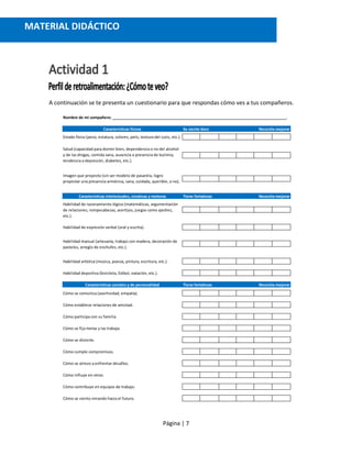 Página | 7
A continuación se te presenta un cuestionario para que respondas cómo ves a tus compañeros.
Nombre de mi compañero: _____________________________________________________________________________________.
Características físicas Se siente bien Necesita mejorar
Estado físico (peso, estatura, colores, pelo, textura del cutis, etc.).
Características intelectuales, creativas y motoras Tiene fortalezas Necesita mejorar
Habilidad de expresión verbal (oral y escrita).
Habilidad artística (música, poesía, pintura, escritura, etc.).
Habilidad deportiva (bicicleta, fútbol, natación, etc.).
Características sociales y de personalidad Tiene fortalezas Necesita mejorar
Cómo se comunica (asertividad, empatía).
Cómo establece relaciones de amistad.
Cómo participa con su familia.
Cómo se fija metas y las trabaja.
Cómo se divierte.
Cómo cumple compromisos.
Cómo se atrevo a enfrentar desafíos.
Cómo influye en otros.
Cómo contribuye en equipos de trabajo.
Cómo se siento mirando hacia el futuro.
Salud (capacidad para dormir bien, dependencia o no del alcohol
y de las drogas, comida sana, ausencia o presencia de bulimia,
tendencia a depresión, diabetes, etc.).
Imagen que proyecto (sin ser modelo de pasarela, logro
proyectar una presencia armónica, sana, cuidada, querible, o no).
Habilidad de razonamiento lógico (matemáticas, argumentación
de relaciones, rompecabezas, acertijos, juegos como ajedrez,
etc.).
Habilidad manual (artesanía, trabajo con madera, decoración de
pasteles, arreglo de enchufes, etc.).
MATERIAL DIDÁCTICO
 