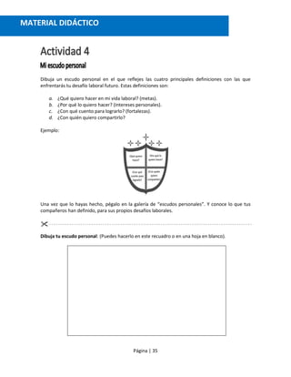 Página | 35
Dibuja un escudo personal en el que reflejes las cuatro principales definiciones con las que
enfrentarás tu desafío laboral futuro. Estas definiciones son:
a. ¿Qué quiero hacer en mi vida laboral? (metas).
b. ¿Por qué lo quiero hacer? (intereses personales).
c. ¿Con qué cuento para lograrlo? (fortalezas).
d. ¿Con quién quiero compartirlo?
Ejemplo:
Una vez que lo hayas hecho, pégalo en la galería de “escudos personales”. Y conoce lo que tus
compañeros han definido, para sus propios desafíos laborales.
Dibuja tu escudo personal: (Puedes hacerlo en este recuadro o en una hoja en blanco).
MATERIAL DIDÁCTICO
 