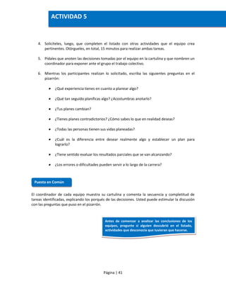 Página | 41
4. Solicíteles, luego, que completen el listado con otras actividades que el equipo crea
pertinentes. Otórgueles, en total, 15 minutos para realizar ambas tareas.
5. Pídales que anoten las decisiones tomadas por el equipo en la cartulina y que nombren un
coordinador para exponer ante el grupo el trabajo colectivo.
6. Mientras los participantes realizan lo solicitado, escriba las siguientes preguntas en el
pizarrón:
 ¿Qué experiencia tienes en cuanto a planear algo?
 ¿Qué tan seguido planificas algo? ¿Acostumbras anotarlo?
 ¿Tus planes cambian?
 ¿Tienes planes contradictorios? ¿Cómo sabes lo que en realidad deseas?
 ¿Todas las personas tienen sus vidas planeadas?
 ¿Cuál es la diferencia entre desear realmente algo y establecer un plan para
lograrlo?
 ¿Tiene sentido evaluar los resultados parciales que se van alcanzando?
 ¿Los errores o dificultades pueden servir a lo largo de la carrera?
El coordinador de cada equipo muestra su cartulina y comenta la secuencia y completitud de
tareas identificadas, explicando los porqués de las decisiones. Usted puede estimular la discusión
con las preguntas que puso en el pizarrón.
Puesta en Común
ACTIVIDAD 5
Antes de comenzar a analizar las conclusiones de los
equipos, pregunte si alguien descubrió en el listado,
actividades que desconocía que tuvieran que hacerse.
 
