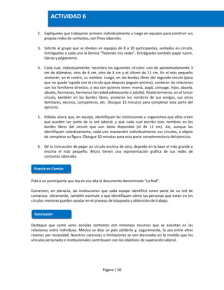 Página | 50
2. Explíqueles que trabajarán primero individualmente y luego en equipos para construir sus
propias redes de contactos, con fines laborales.
3. Solicite al grupo que se dividan en equipos de 8 a 10 participantes, sentados en círculo.
Entrégueles a cada uno la lámina “Tejiendo mis redes”. Entrégueles también papel lustre,
tijeras y pegamento.
4. Cada cual, individualmente, recortará los siguientes círculos: uno de aproximadamente 3
cm de diámetro, otro de 6 cm, otro de 8 cm y el último de 12 cm. En el más pequeño
anotarán, en el centro, su nombre. Luego, en los bordes libres del segundo círculo (para
que no quede tapado con el círculo que después peguen encima), anotarán las relaciones
con los familiares directos, o sea con quienes viven: mamá, papá, cónyuge, hijos, abuela,
abuelo, hermanas, hermanos (en edad adolescente o adulta). Posteriormente, en el tercer
círculo, también en los bordes libres, anotarán los nombres de sus amigos, sus otros
familiares, vecinos, compañeros, etc. Otorgue 15 minutos para completar esta parte del
ejercicio.
5. Pídales ahora que, en equipo, identifiquen las instituciones u organismos que ellos creen
que pueden ser parte de la red laboral; y que cada cual escriba esos nombres en los
bordes libres del círculo que aún tiene disponible (el de 12 cm). Así, aunque los
identifiquen colectivamente, cada uno mantendrá individualmente sus círculos, a objeto
de completar su figura. Otorgue 10 minutos para esta parte complementaria del ejercicio.
6. Dé la instrucción de pegar un círculo encima de otro, dejando en la base el más grande y
encima el más pequeño. Ahora tienen una representación gráfica de sus redes de
contactos laborales.
Pida a un participante que lea en voz alta el documento denominado “La Red”.
Comenten, en plenaria, las instituciones que cada equipo identificó como parte de su red de
contactos. Libremente, también estimule a que identifiquen cómo las personas que están en los
círculos menores pueden ayudar en el proceso de búsqueda y obtención de trabajo.
Destaque que como seres sociales contamos con inmensos recursos que se asientan en las
relaciones entre individuos. México se dice un país solidario y, seguramente, lo sea entre otras
razones por necesidad. Nuestras carencias o limitaciones se ven atenuadas en la medida que los
vínculos personales e institucionales contribuyen con los objetivos de superación laboral.
Puesta en Común
Conclusión
ACTIVIDAD 6
 