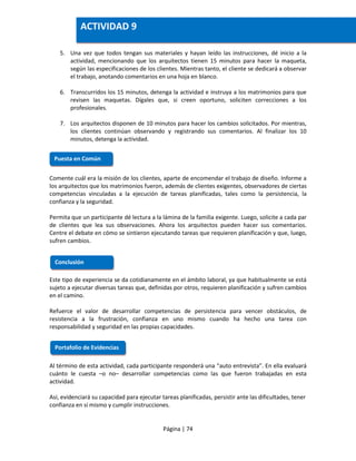 Página | 74
5. Una vez que todos tengan sus materiales y hayan leído las instrucciones, dé inicio a la
actividad, mencionando que los arquitectos tienen 15 minutos para hacer la maqueta,
según las especificaciones de los clientes. Mientras tanto, el cliente se dedicará a observar
el trabajo, anotando comentarios en una hoja en blanco.
6. Transcurridos los 15 minutos, detenga la actividad e instruya a los matrimonios para que
revisen las maquetas. Dígales que, si creen oportuno, soliciten correcciones a los
profesionales.
7. Los arquitectos disponen de 10 minutos para hacer los cambios solicitados. Por mientras,
los clientes continúan observando y registrando sus comentarios. Al finalizar los 10
minutos, detenga la actividad.
Comente cuál era la misión de los clientes, aparte de encomendar el trabajo de diseño. Informe a
los arquitectos que los matrimonios fueron, además de clientes exigentes, observadores de ciertas
competencias vinculadas a la ejecución de tareas planificadas, tales como la persistencia, la
confianza y la seguridad.
Permita que un participante dé lectura a la lámina de la familia exigente. Luego, solicite a cada par
de clientes que lea sus observaciones. Ahora los arquitectos pueden hacer sus comentarios.
Centre el debate en cómo se sintieron ejecutando tareas que requieren planificación y que, luego,
sufren cambios.
Este tipo de experiencia se da cotidianamente en el ámbito laboral, ya que habitualmente se está
sujeto a ejecutar diversas tareas que, definidas por otros, requieren planificación y sufren cambios
en el camino.
Refuerce el valor de desarrollar competencias de persistencia para vencer obstáculos, de
resistencia a la frustración, confianza en uno mismo cuando ha hecho una tarea con
responsabilidad y seguridad en las propias capacidades.
Al término de esta actividad, cada participante responderá una “auto entrevista”. En ella evaluará
cuánto le cuesta –o no– desarrollar competencias como las que fueron trabajadas en esta
actividad.
Así, evidenciará su capacidad para ejecutar tareas planificadas, persistir ante las dificultades, tener
confianza en sí mismo y cumplir instrucciones.
Puesta en Común
Conclusión
Portafolio de Evidencias
ACTIVIDAD 9
 