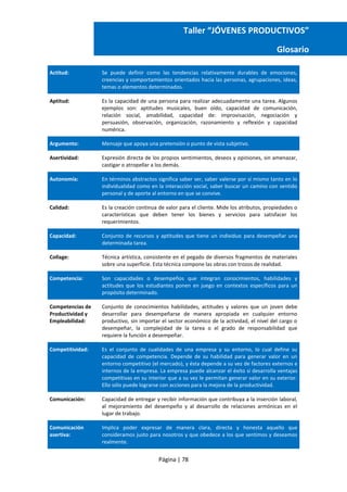 Página | 78
Taller “JÓVENES PRODUCTIVOS”
Glosario
Actitud: Se puede definir como las tendencias relativamente durables de emociones,
creencias y comportamientos orientados hacia las personas, agrupaciones, ideas,
temas o elementos determinados.
Aptitud: Es la capacidad de una persona para realizar adecuadamente una tarea. Algunos
ejemplos son: aptitudes musicales, buen oído, capacidad de comunicación,
relación social, amabilidad, capacidad de: improvisación, negociación y
persuasión, observación, organización, razonamiento y reflexión y capacidad
numérica.
Argumento: Mensaje que apoya una pretensión o punto de vista subjetivo.
Asertividad: Expresión directa de los propios sentimientos, deseos y opiniones, sin amenazar,
castigar o atropellar a los demás.
Autonomía: En términos abstractos significa saber ser, saber valerse por sí mismo tanto en lo
individualidad como en la interacción social, saber buscar un camino con sentido
personal y de aporte al entorno en que se convive.
Calidad: Es la creación continua de valor para el cliente. Mide los atributos, propiedades o
características que deben tener los bienes y servicios para satisfacer los
requerimientos.
Capacidad: Conjunto de recursos y aptitudes que tiene un individuo para desempeñar una
determinada tarea.
Collage: Técnica artística, consistente en el pegado de diversos fragmentos de materiales
sobre una superficie. Esta técnica compone las obras con trozos de realidad.
Competencia: Son capacidades o desempeños que integran conocimientos, habilidades y
actitudes que los estudiantes ponen en juego en contextos específicos para un
propósito determinado.
Competencias de
Productividad y
Empleabilidad:
Conjunto de conocimientos habilidades, actitudes y valores que un joven debe
desarrollar para desempeñarse de manera apropiada en cualquier entorno
productivo, sin importar el sector económico de la actividad, el nivel del cargo o
desempeñar, la complejidad de la tarea o el grado de responsabilidad que
requiere la función a desempeñar.
Competitividad: Es el conjunto de cualidades de una empresa y su entorno, lo cual define su
capacidad de competencia. Depende de su habilidad para generar valor en un
entorno competitivo (el mercado), y ésta depende a su vez de factores externos e
internos de la empresa. La empresa puede alcanzar el éxito si desarrolla ventajas
competitivas en su interior que a su vez le permitan generar valor en su exterior.
Ello sólo puede lograrse con acciones para la mejora de la productividad.
Comunicación: Capacidad de entregar y recibir información que contribuya a la inserción laboral,
al mejoramiento del desempeño y al desarrollo de relaciones armónicas en el
lugar de trabajo.
Comunicación
asertiva:
Implica poder expresar de manera clara, directa y honesta aquello que
consideramos justo para nosotros y que obedece a los que sentimos y deseamos
realmente.
 